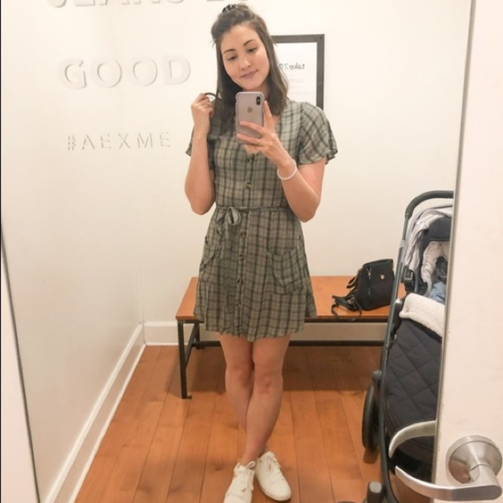 AE plaid fit and flare button up dress